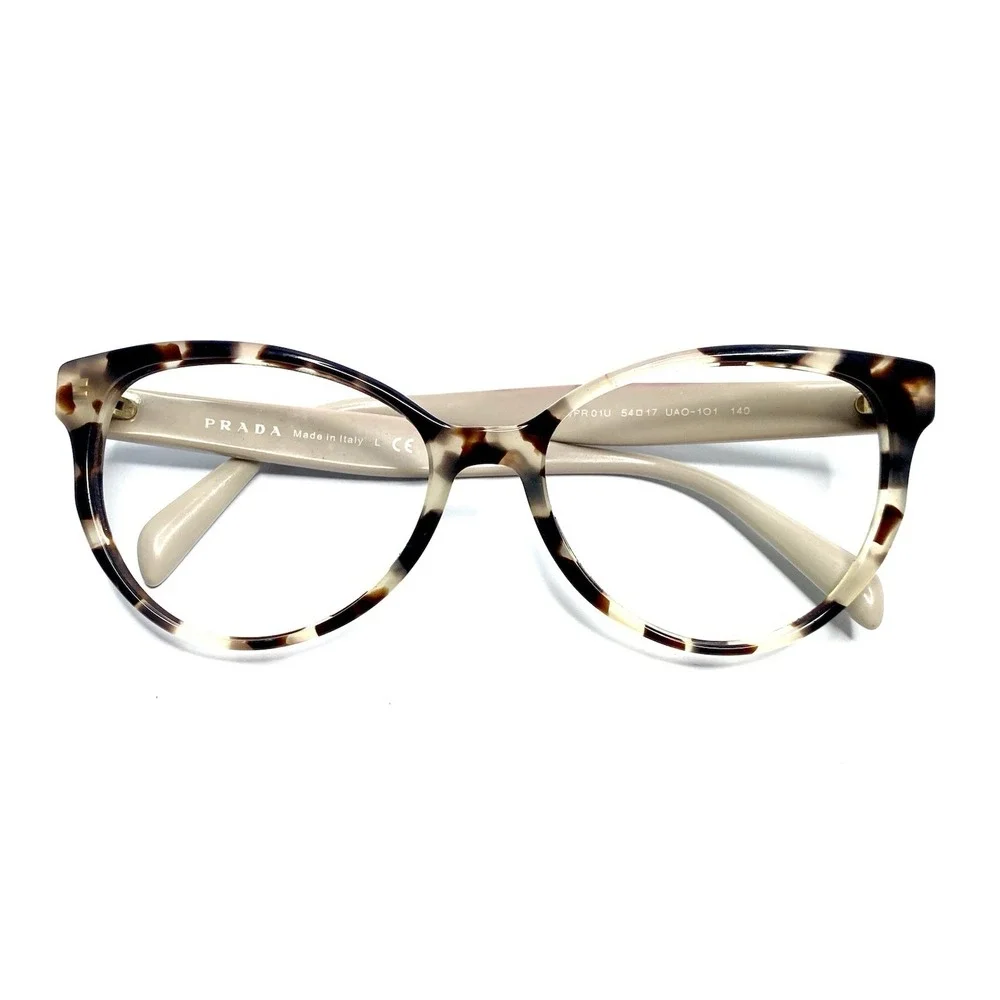 Prada Brown Beige Tan Gold Tortoise Cat Eye Oval Glasses Italy VPR 01U 54 17 140